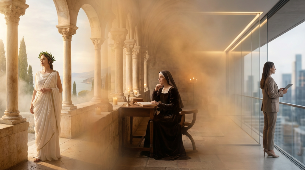 Capa editorial panorâmica sobre o significado do nome Juliana, com jornada temporal feminina em três núcleos integrados: origem romana, tradição cristã medieval e presença contemporânea no Brasil.