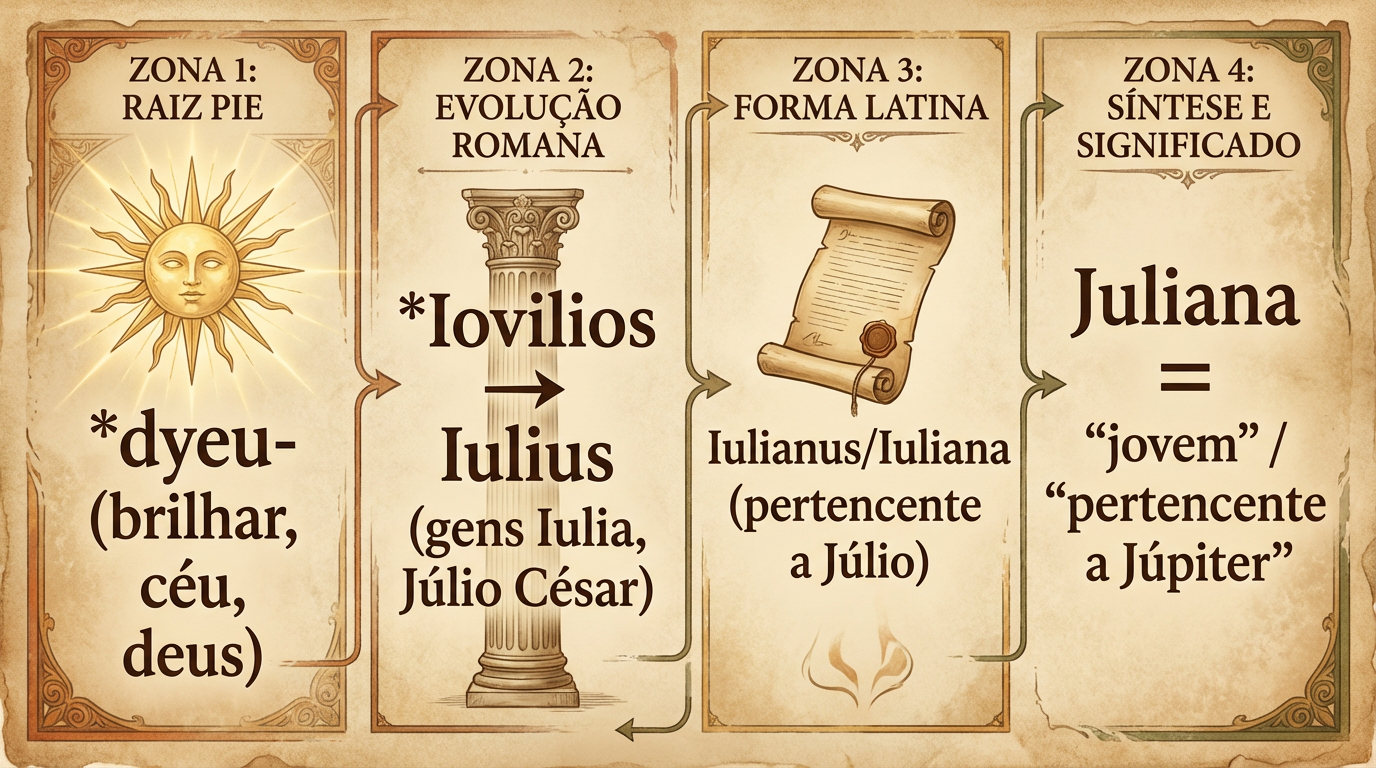 Diagrama Etimológico — Significado do Nome Juliana Diagrama editorial mostrando a cadeia etimológica latina do significado do nome Juliana: de *dyeu- a Iulius, Iuliana e o sentido jovem, pertencente a Júpiter.