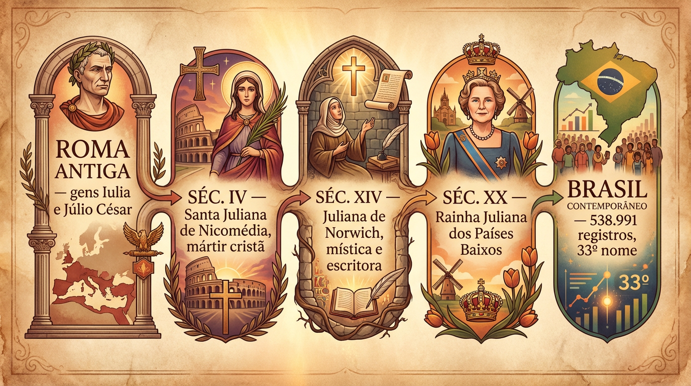 Timeline Histórica — Difusão do Nome Juliana Linha do tempo editorial sobre a difusão histórica do significado do nome Juliana, da Roma Antiga ao Brasil contemporâneo.