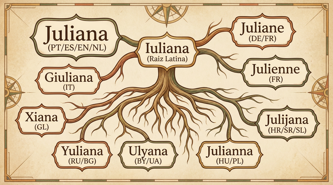 Variantes Internacionais do Nome Juliana Quadro editorial das variantes internacionais do significado do nome Juliana, incluindo Giuliana, Juliane, Julienne, Julijana, Yuliana, Ulyana e Xiana.