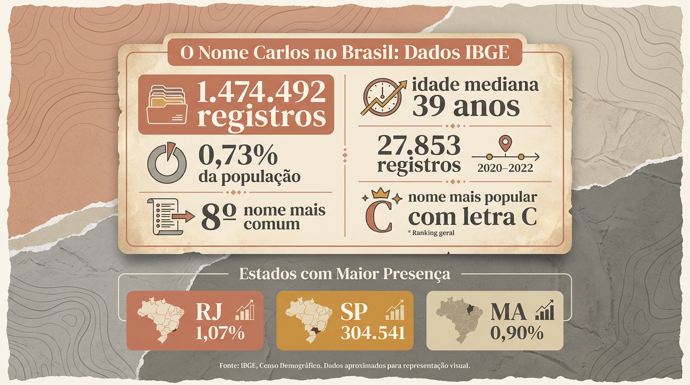 Infográfico editorial com dados do IBGE sobre o significado do nome Carlos no Brasil: 1.474.492 registros, 8º nome mais comum, nome mais popular com a letra C.