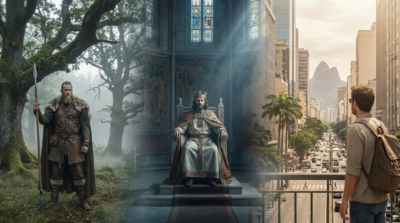 Capa editorial panorâmica sobre o significado do nome Carlos, com jornada temporal masculina em três núcleos integrados: origem germânica, tradição régia medieval e presença contemporânea no Brasil.