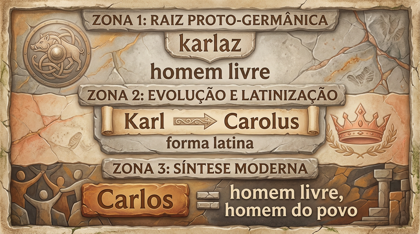 Diagrama editorial mostrando a cadeia etimológica germânica do significado do nome Carlos: de *karlaz a Karl, Carolus e Carlos.