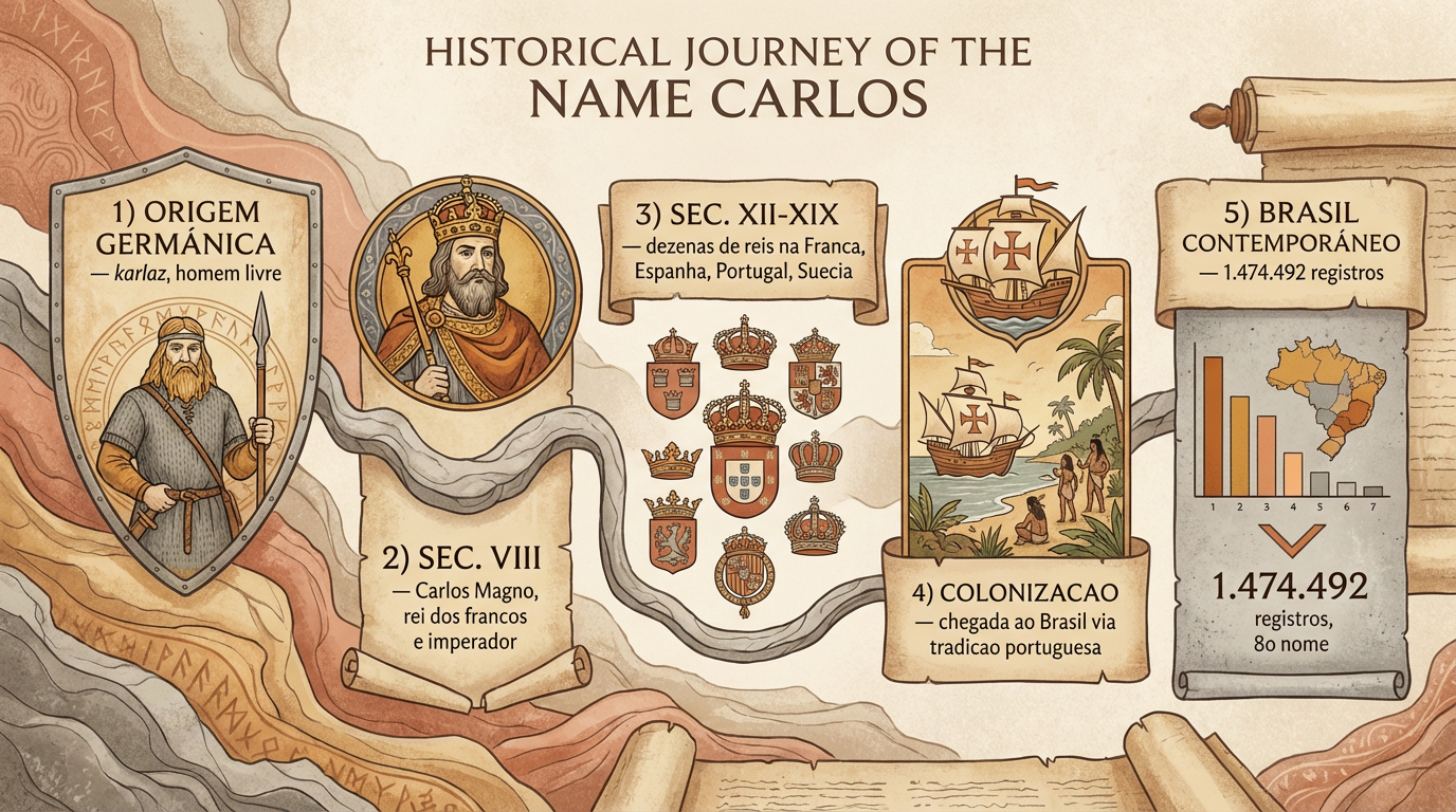Linha do tempo editorial sobre a difusão histórica do significado do nome Carlos, do mundo germânico ao Brasil contemporâneo.