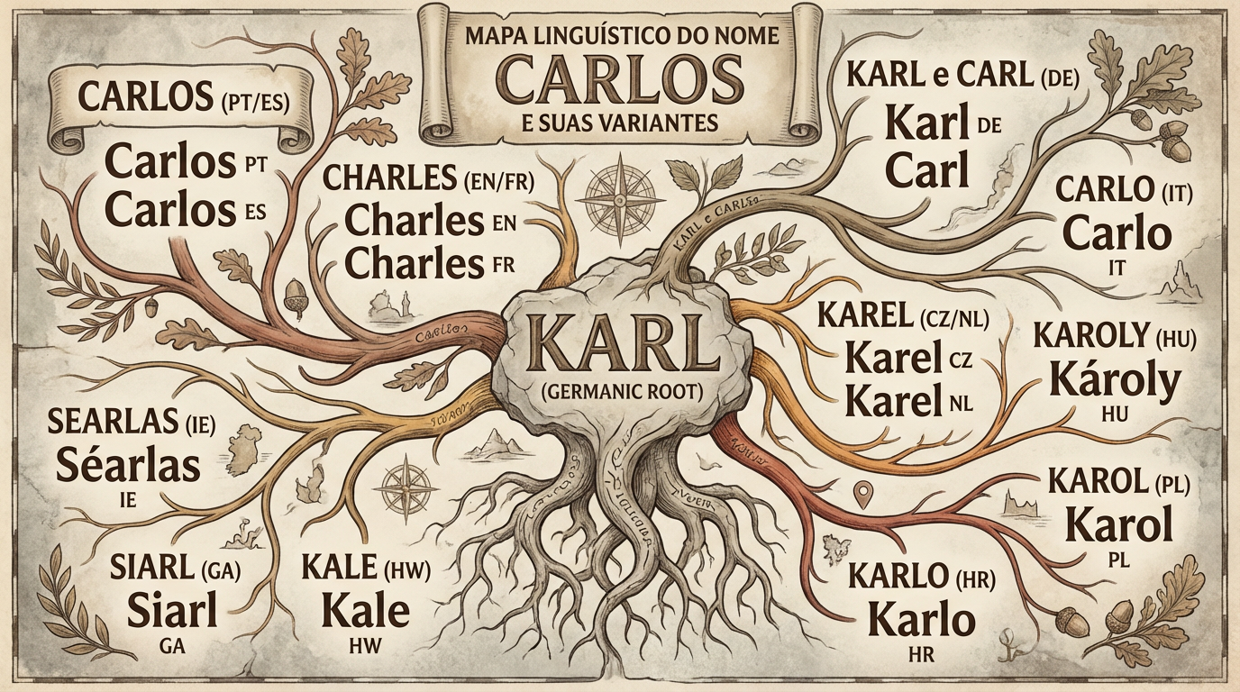 Quadro editorial das variantes internacionais do significado do nome Carlos, incluindo Charles, Karl, Carlo, Karel, Károly, Karol e Séarlas.