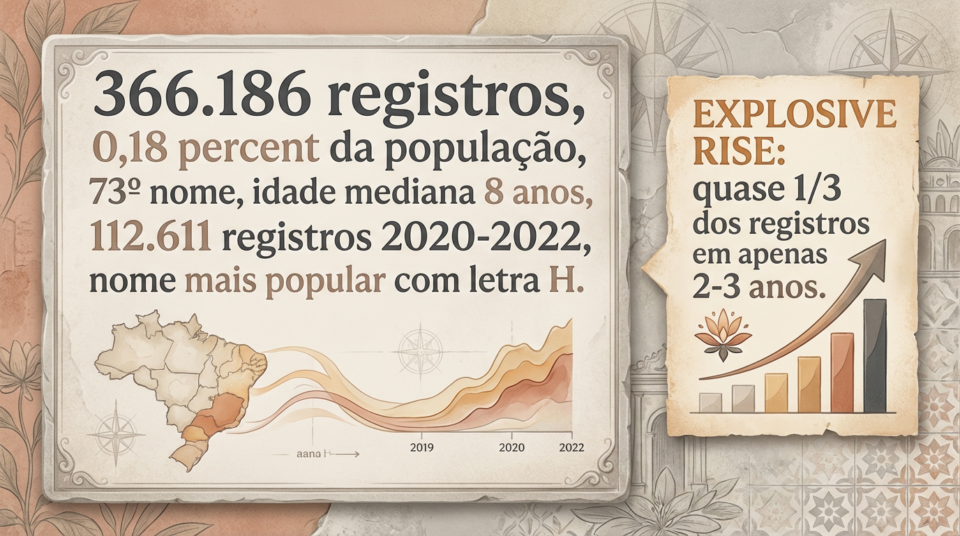 Helena no Brasil — Dados IBGE Infográfico editorial com dados do IBGE sobre o significado do nome Helena no Brasil: 366.186 registros, mediana 8 anos, 112.611 registros entre 2020 e 2022.