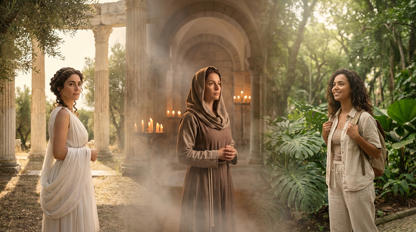 Capa editorial panorâmica sobre o significado do nome Helena, com jornada temporal feminina em três núcleos integrados: mitologia grega, tradição cristã e presença contemporânea no Brasil.