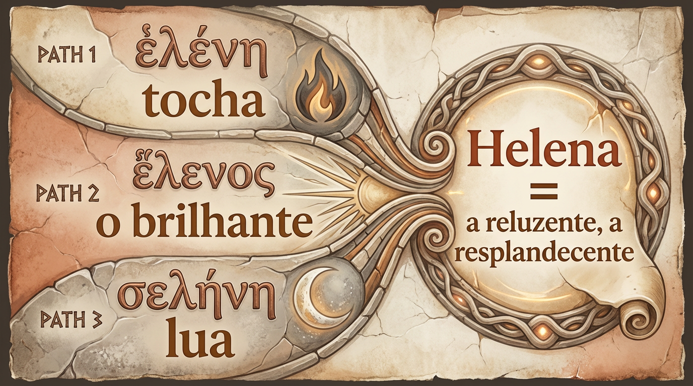 Diagrama Etimológico — Significado do Nome Helena Diagrama editorial mostrando as camadas etimológicas do significado do nome Helena: helene (tocha), helenos (o brilhante), selene (lua) e a síntese a reluzente.