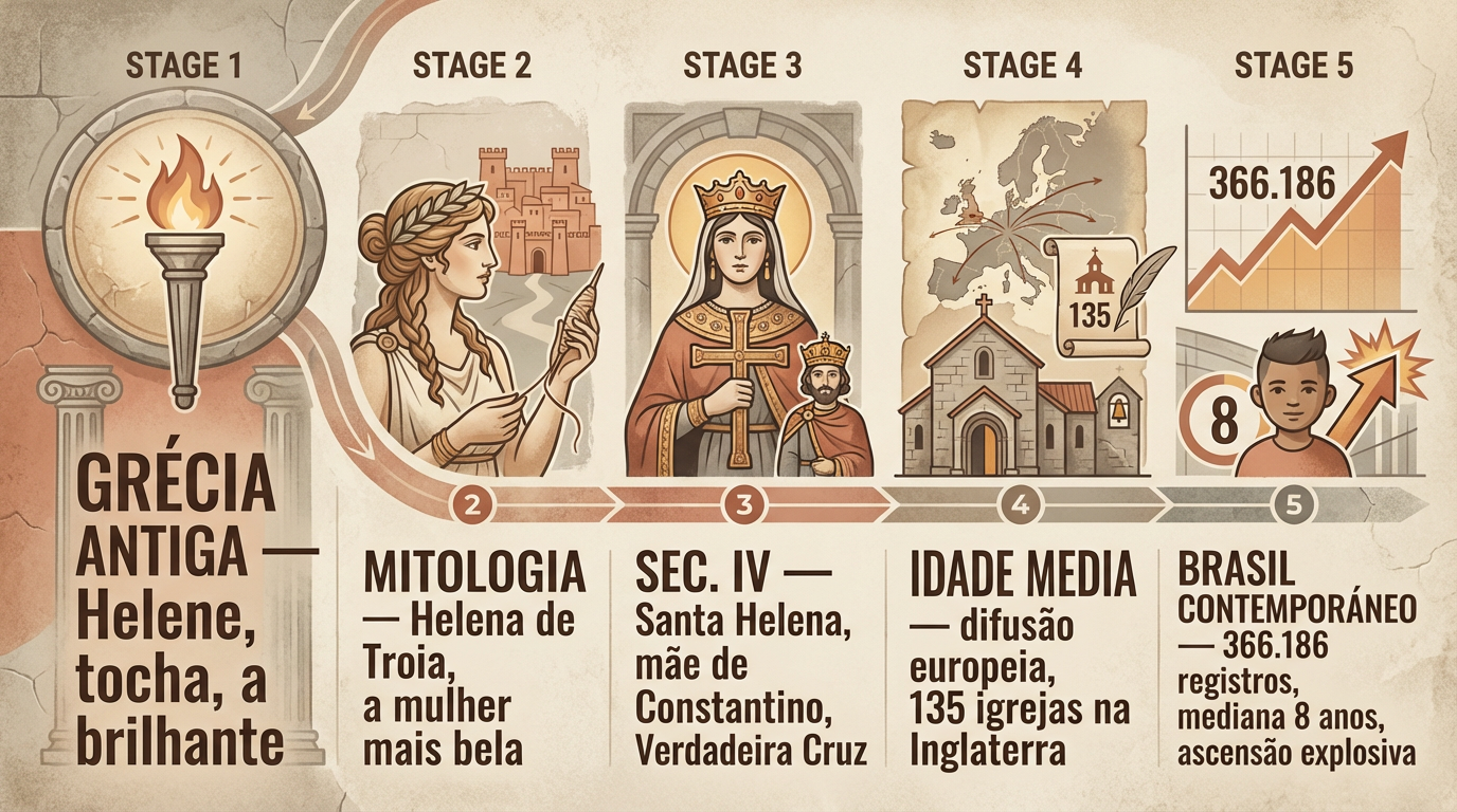 Timeline Histórica — Difusão do Nome Helena Linha do tempo editorial sobre a difusão histórica do significado do nome Helena, da mitologia grega ao Brasil contemporâneo.