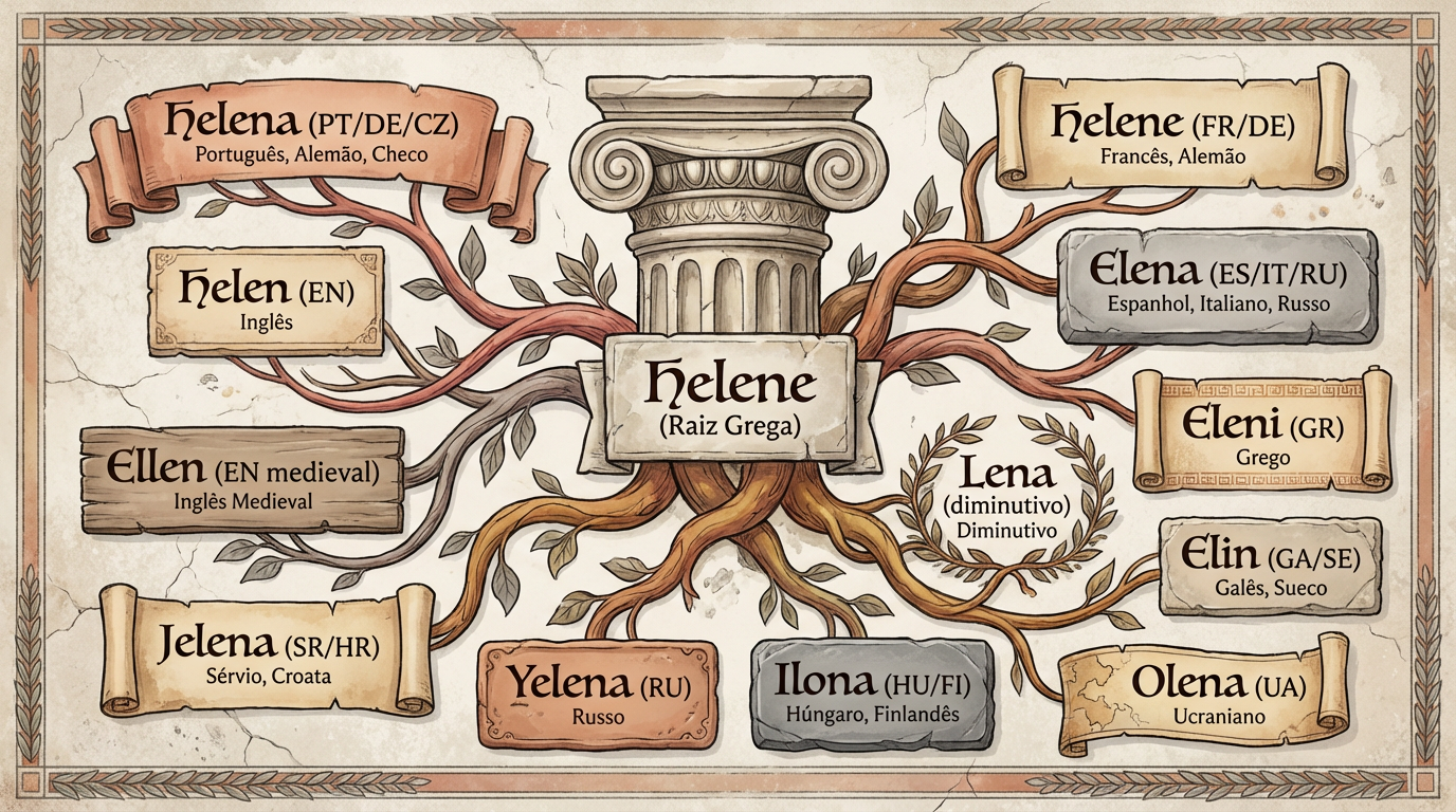 Variantes Internacionais do Nome Helena Quadro editorial das variantes internacionais do significado do nome Helena, incluindo Elena, Ellen, Helene, Jelena, Yelena, Ilona, Olena, Elin e Eleni.