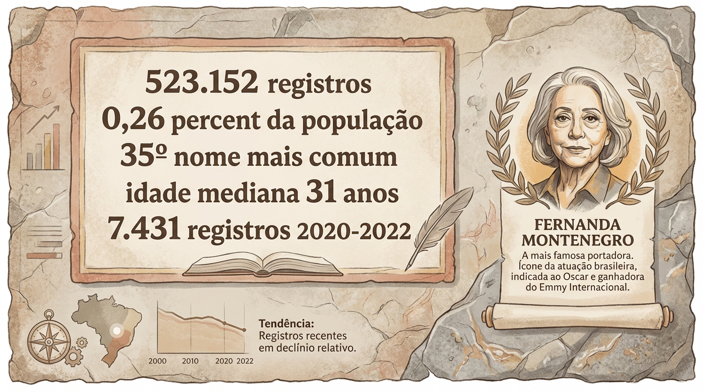 Fernanda no Brasil — Dados IBGE Infográfico editorial com dados do IBGE sobre o significado do nome Fernanda no Brasil: 523.152 registros, 35º nome, idade mediana 31 anos.