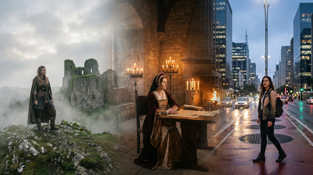 Capa editorial panorâmica sobre o significado do nome Fernanda, com jornada temporal feminina em três núcleos integrados: origem visigótica, tradição ibérica medieval e presença contemporânea no Brasil.