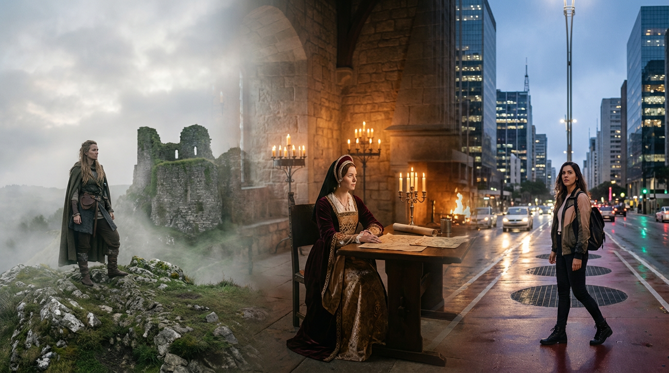 Capa editorial panorâmica sobre o significado do nome Fernanda, com jornada temporal feminina em três núcleos integrados: origem visigótica, tradição ibérica medieval e presença contemporânea no Brasil.