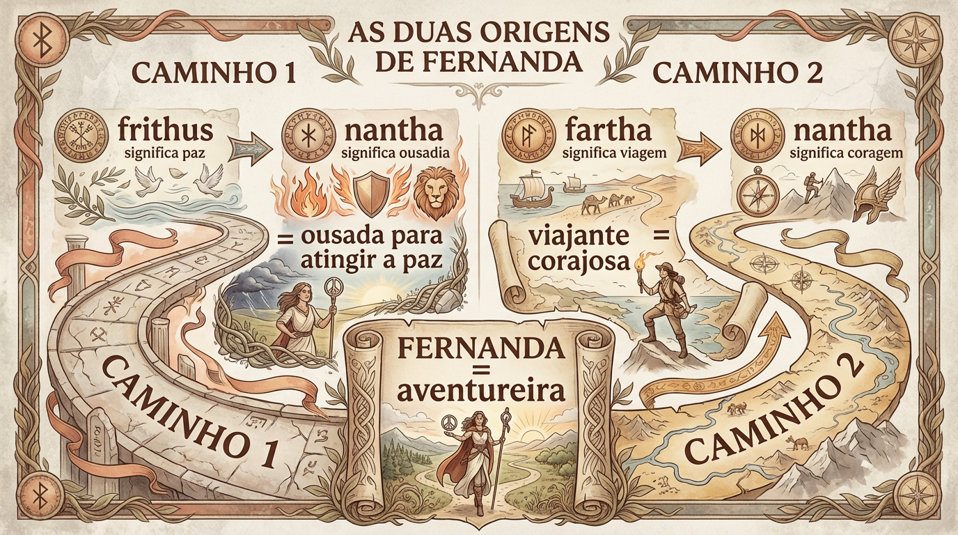 Diagrama Etimológico — Significado do Nome Fernanda Diagrama editorial mostrando as duas vias etimológicas do significado do nome Fernanda: paz + ousadia e viagem + coragem, convergindo para aventureira.