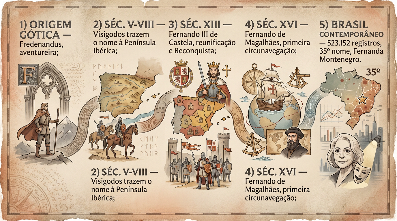 Timeline Histórica — Difusão do Nome Fernanda Linha do tempo editorial sobre a difusão histórica do significado do nome Fernanda, do mundo visigótico ao Brasil contemporâneo.