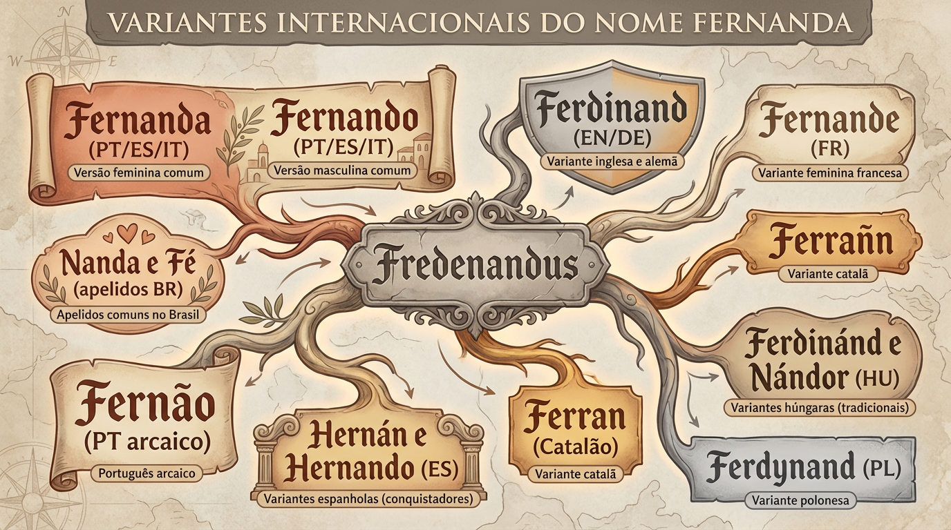 Variantes Internacionais do Nome Fernanda Quadro editorial das variantes internacionais do significado do nome Fernanda, incluindo Fernando, Ferdinand, Fernao, Hernan, Hernando, Ferran e Nandor.