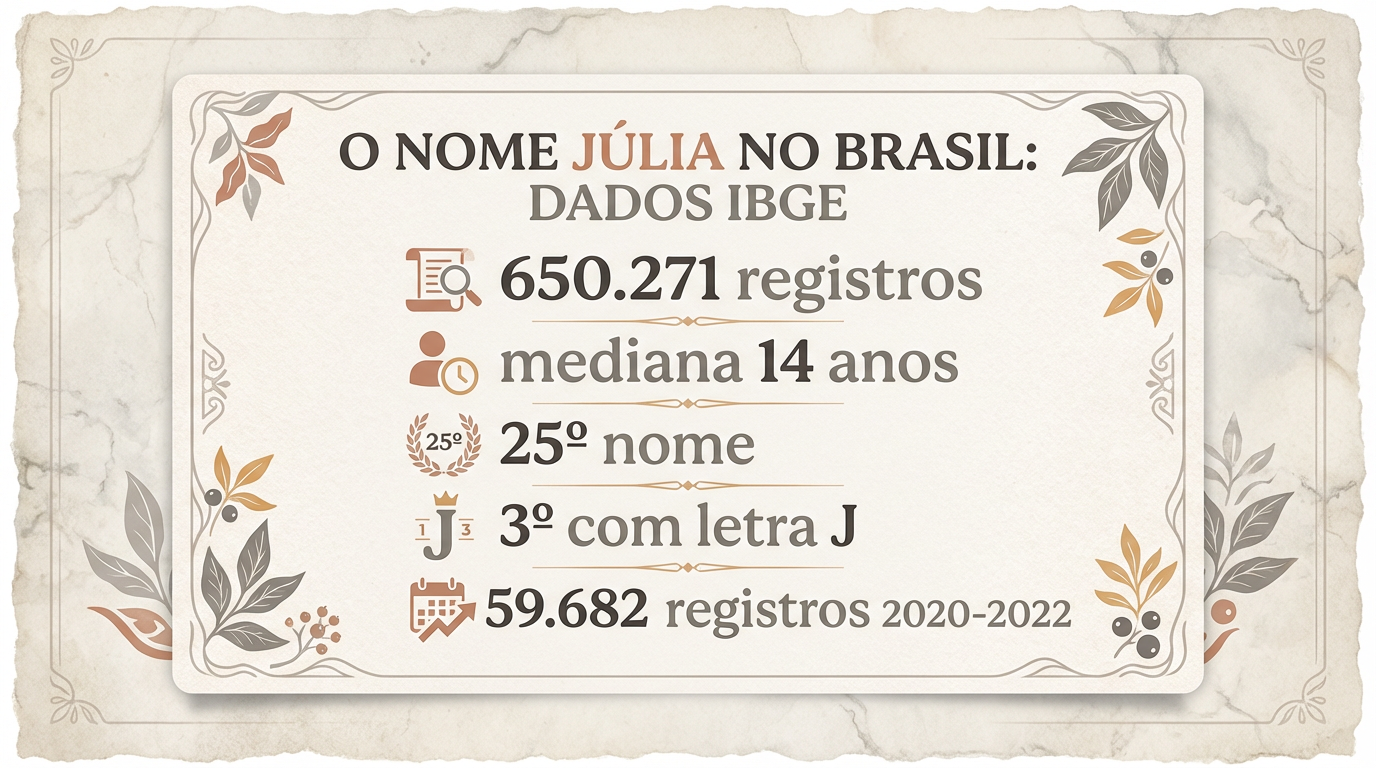 Júlia no Brasil — Dados IBGE Infográfico editorial com dados do IBGE sobre o significado do nome Júlia no Brasil: 650.271 registros, mediana 14 anos, 3º nome com letra J.