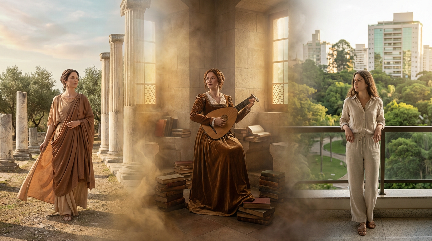 Capa editorial panorâmica sobre o significado do nome Júlia, com jornada temporal feminina em três núcleos integrados: Roma Antiga, tradição cristã e literária, e presença contemporânea no Brasil.