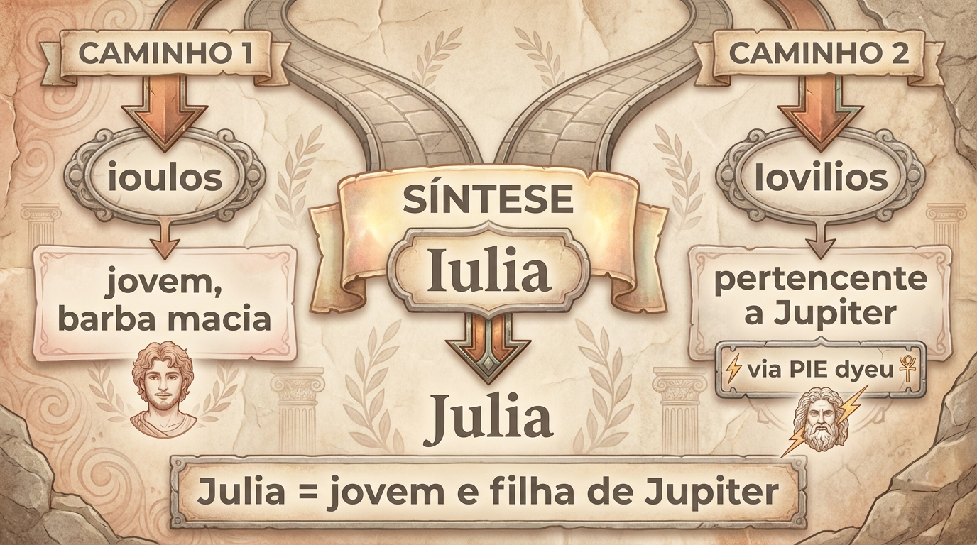Diagrama Etimológico — Significado do Nome Júlia Diagrama editorial mostrando a cadeia etimológica do significado do nome Júlia: de Iulius a Iulia, com as vias jovem e pertencente a Júpiter.