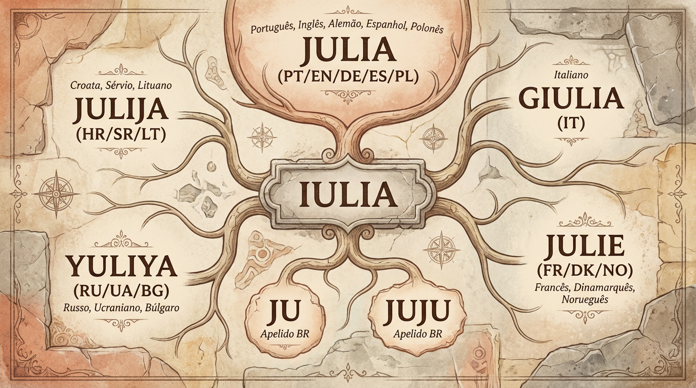 O Nome Júlia em Outras Línguas Quadro editorial mostrando o significado do nome Júlia em outras línguas, incluindo Giulia, Julie, Julija e Yuliya.