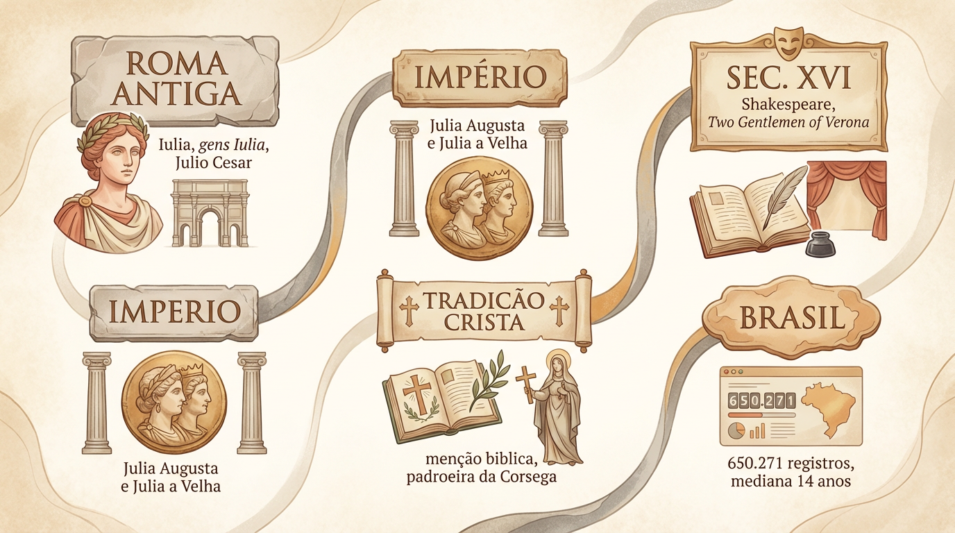 Timeline Histórica — Difusão do Nome Júlia Linha do tempo editorial sobre a difusão histórica do significado do nome Júlia, da Roma Antiga ao Brasil contemporâneo.