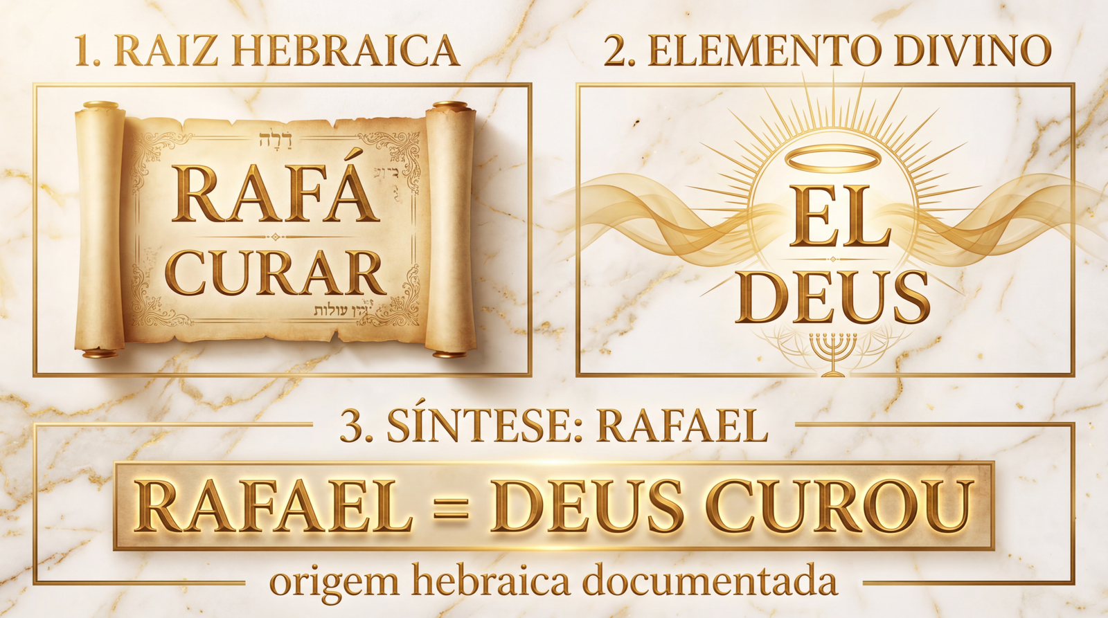 Diagrama editorial sobre o significado do nome Rafael, mostrando a raiz hebraica rafá e El e a construção do sentido de cura divina.