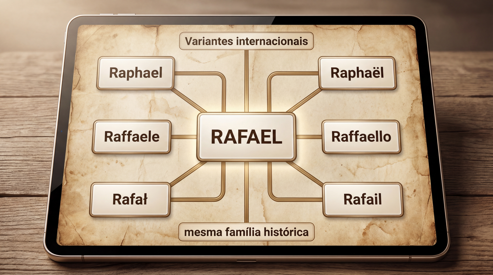 Quadro editorial das variantes internacionais do significado do nome Rafael, com núcleo central e formas relacionadas.