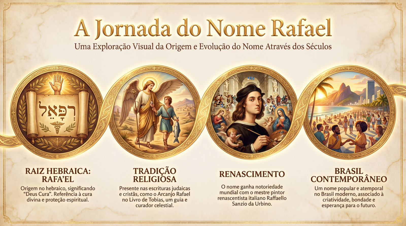 Linha do tempo editorial do significado do nome Rafael, da raiz hebraica à tradição religiosa, à difusão internacional e ao Brasil contemporâneo.