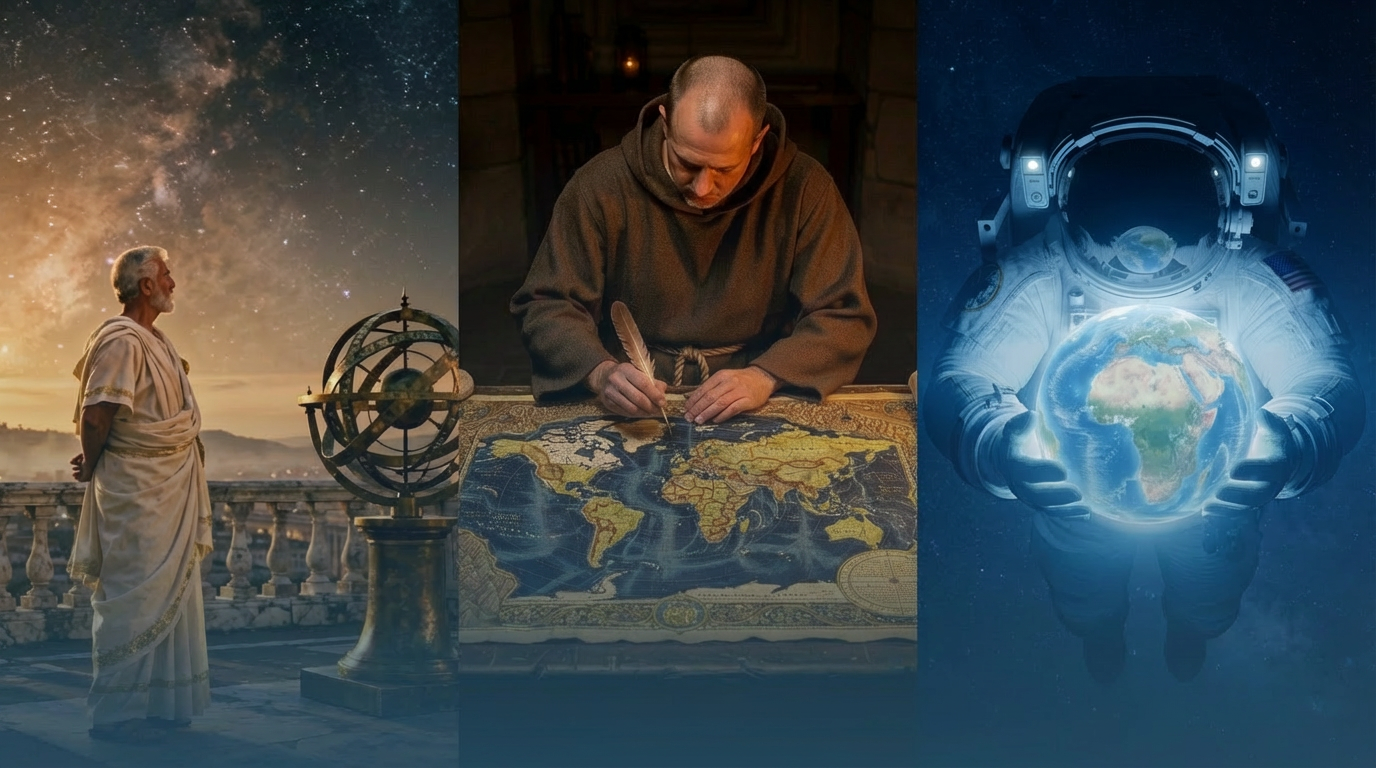 Tríptico fotorrealista sobre a origem da palavra mundo: firmamento romano, Terra vista do espaço e humanidade reunida