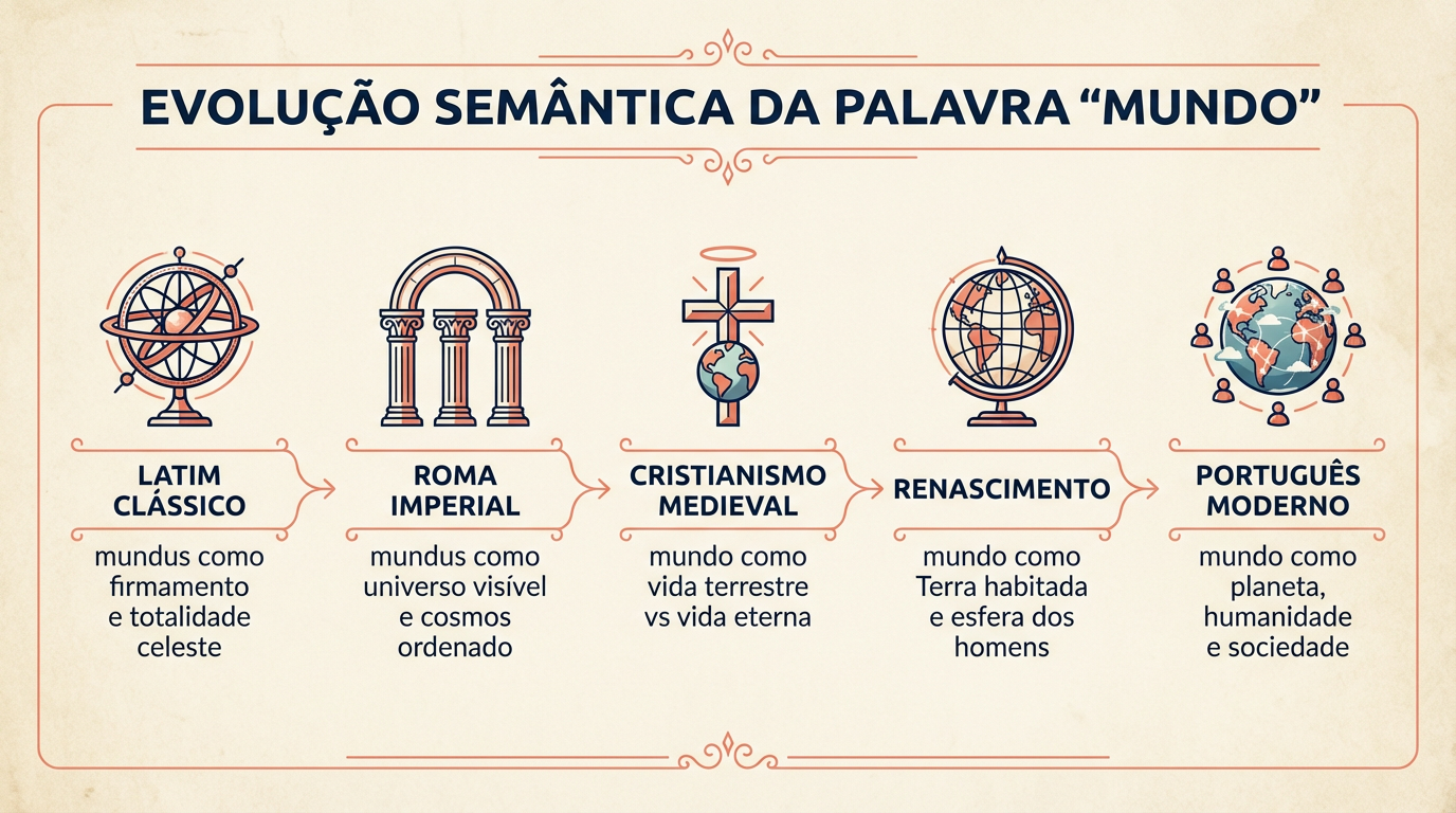 Linha do tempo da origem da palavra mundo: de mundus (firmamento latino) ao sentido moderno de planeta, humanidade e vida social