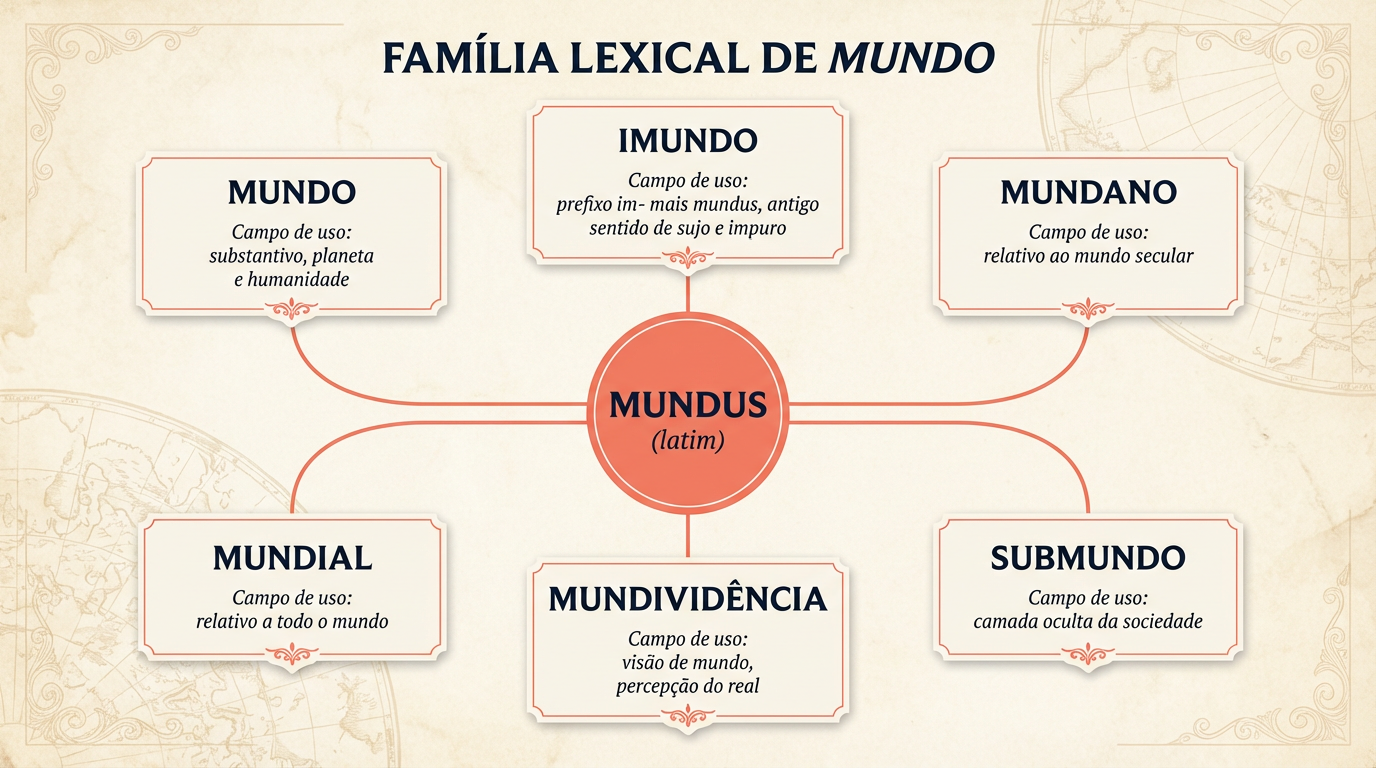 Árvore etimológica da origem da palavra mundo: raiz mundus em latim e seus derivados mundano, mundial, imundo, mundividência e submundo