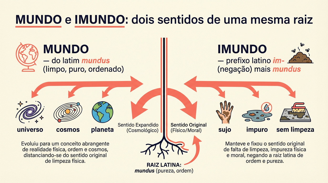 Infográfico comparando mundo e imundo como derivados opostos do latim mundus: mundo evoluiu para cosmos e planeta; imundo preservou o sentido original de sujo e impuro