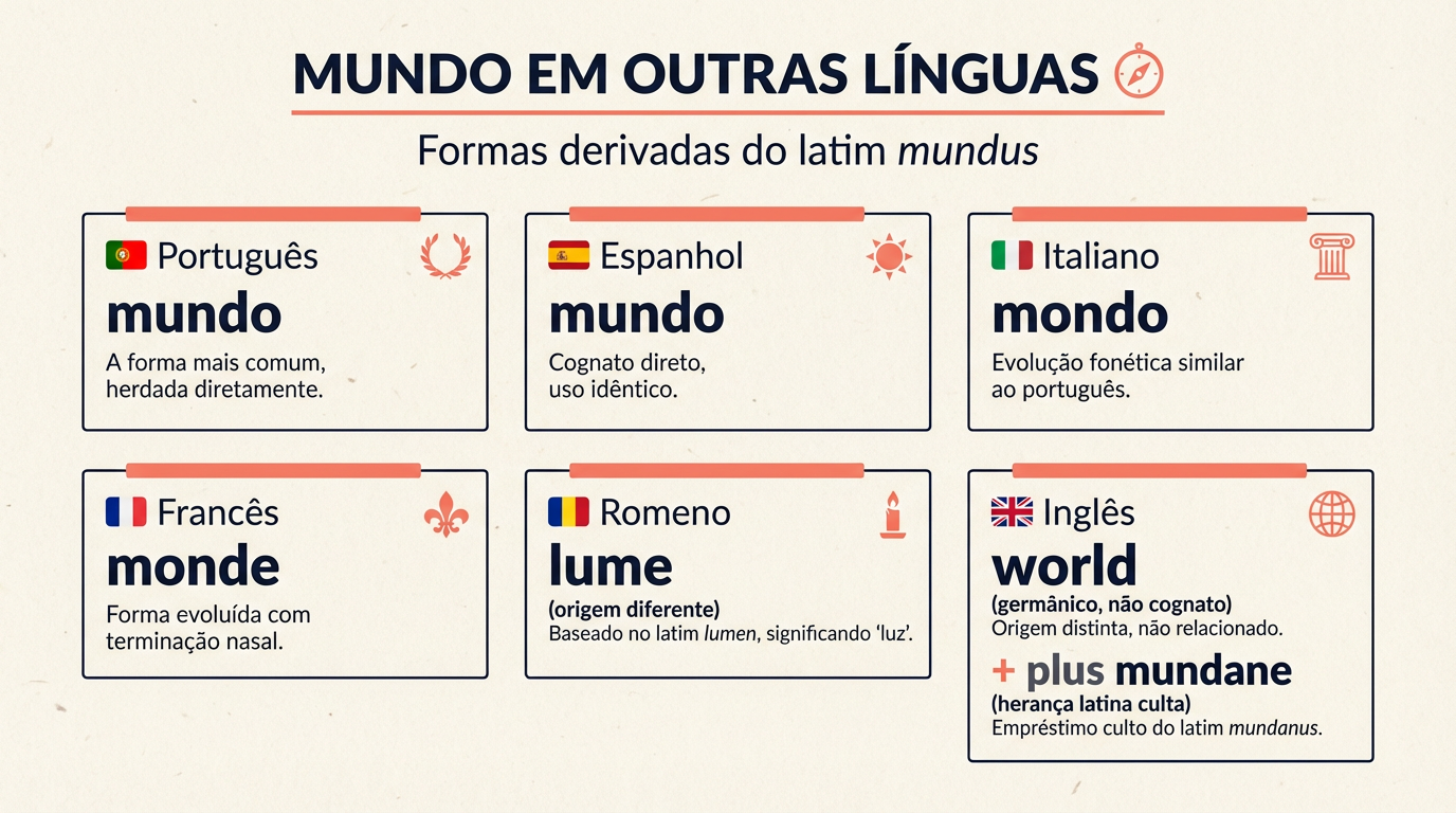 Infográfico comparando a palavra mundo em seis idiomas derivados do latim mundus: português, espanhol, italiano, francês, romeno e inglês