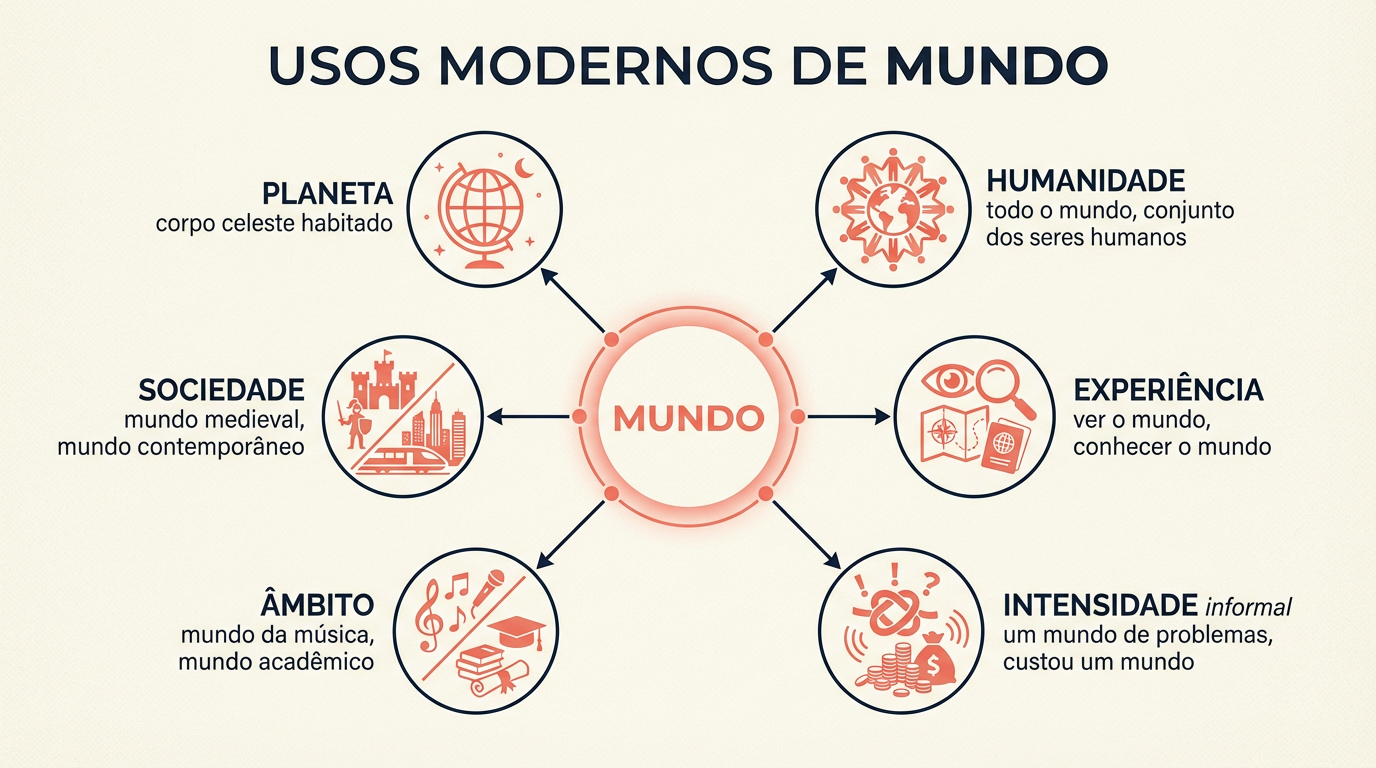 Infográfico com os múltiplos sentidos e usos modernos da palavra mundo em português: planeta, humanidade, setor, contexto e hipérbole