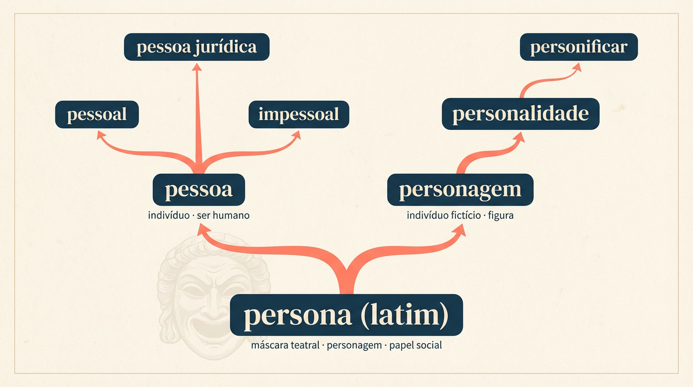 Árvore etimológica da origem da palavra pessoa mostrando a família lexical: personagem, personalidade, pessoal, impessoal, personificar, pessoa jurídica e pessoa física
