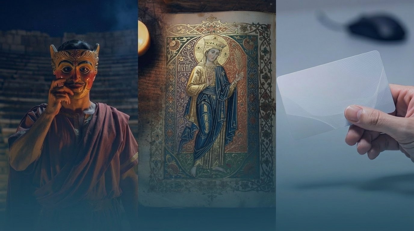Tríptico fotorrealista sobre a origem da palavra pessoa: ator romano com máscara teatral, manuscrito medieval iluminado e mão segurando documento de identidade moderno