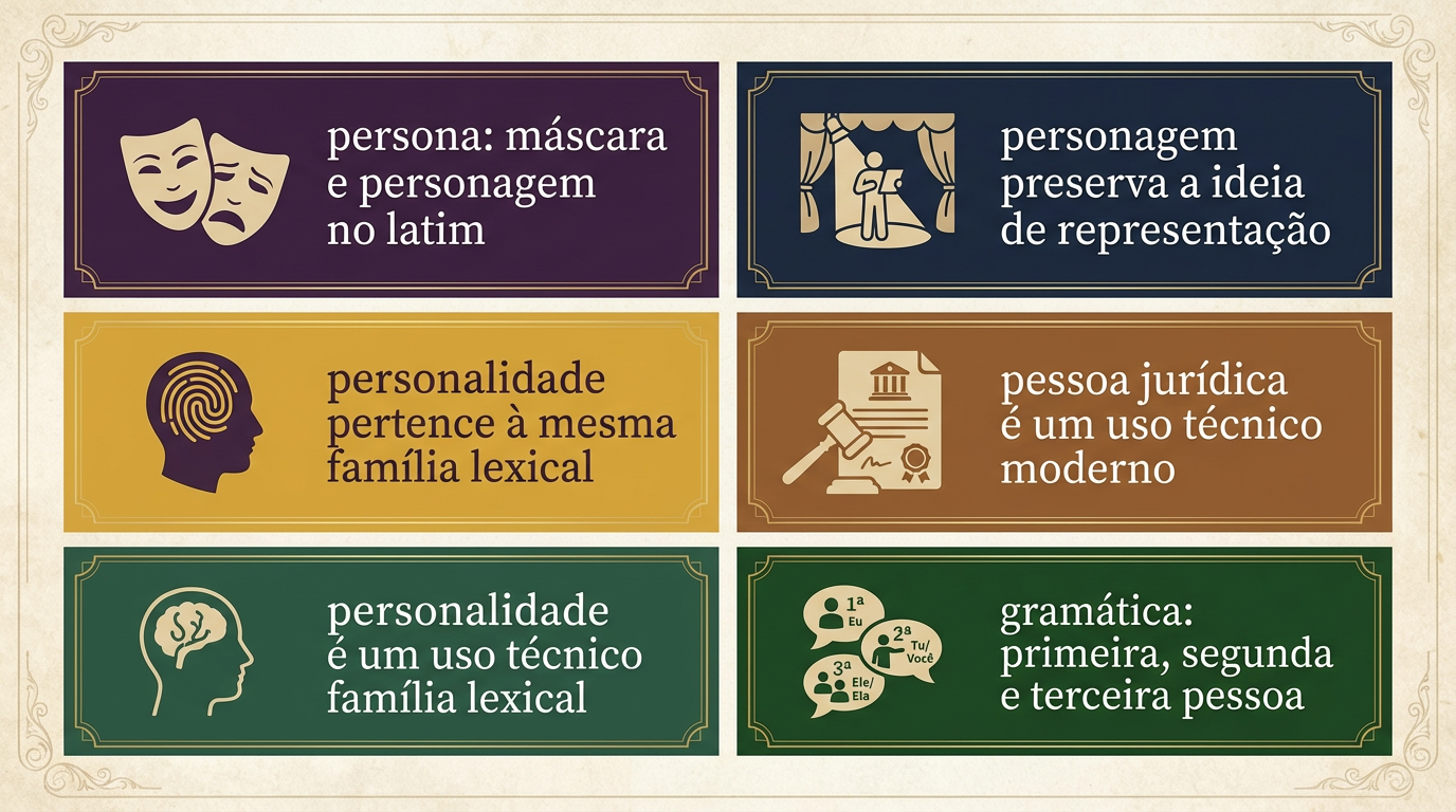 Infográfico com cinco curiosidades sobre a origem da palavra pessoa: personāre, personalidade como oposto da máscara, prósopon, pessoa jurídica e pessoas gramaticais