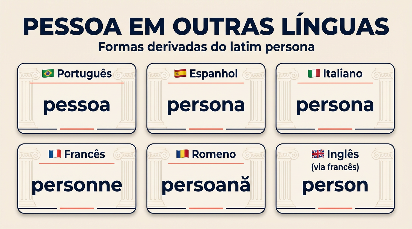 Infográfico comparativo mostrando como a origem da palavra pessoa em latim persōna gerou equivalentes em português, espanhol, italiano, francês, romeno, inglês e alemão