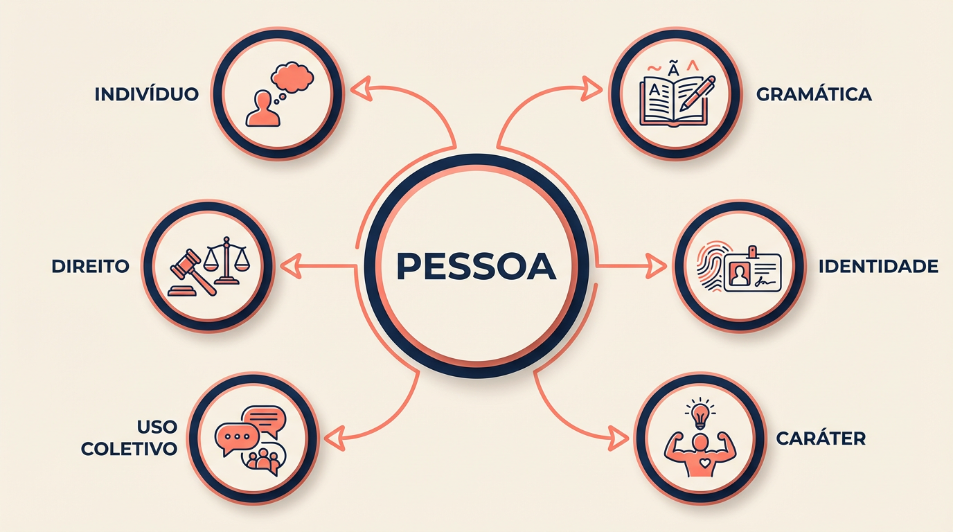 Infográfico com os diferentes sentidos e usos da palavra pessoa no português: indivíduo, identidade, caráter, direito, gramática e uso informal