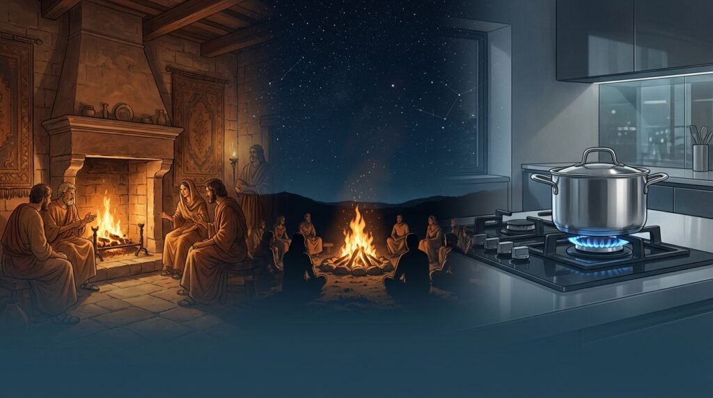Origem da palavra fogo — lareira antiga, fogueira e fogão moderno, com overlay azul-escuro