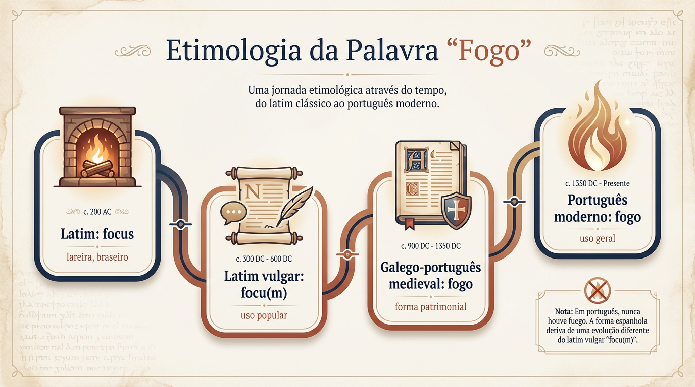 Linha do tempo sobre a origem da palavra fogo, com destaque para focus em latim e fogo em português
