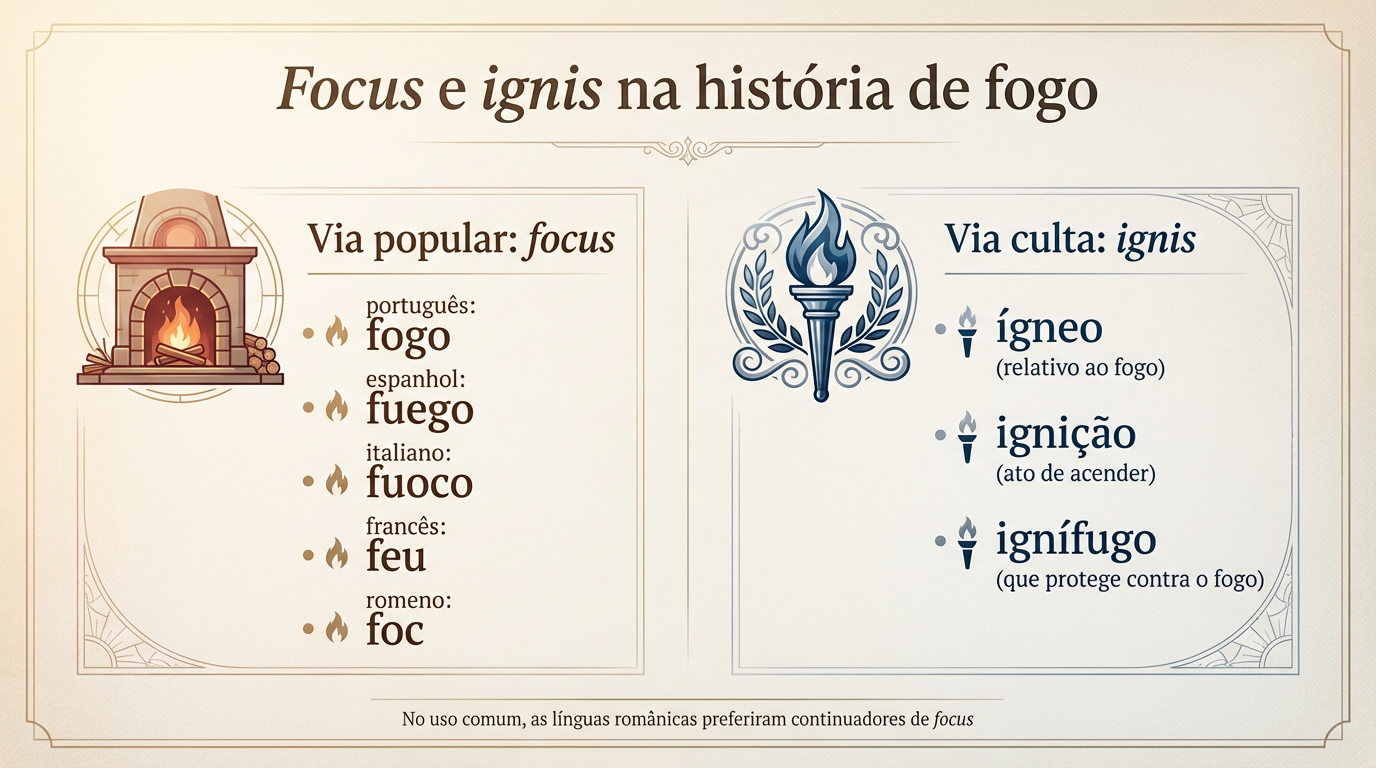 Infográfico sobre a origem da palavra fogo comparando focus, ignis e formas românicas como fogo, fuego, fuoco, feu e foc