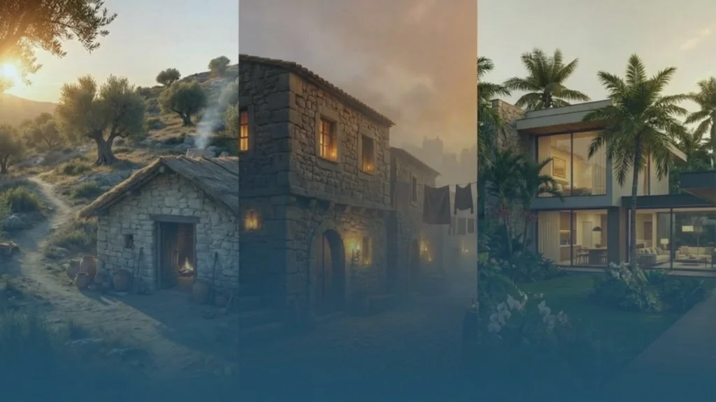 Capa tríptica emoldurada sobre a origem da palavra casa, com representação de moradia, lar e evolução histórica do termo