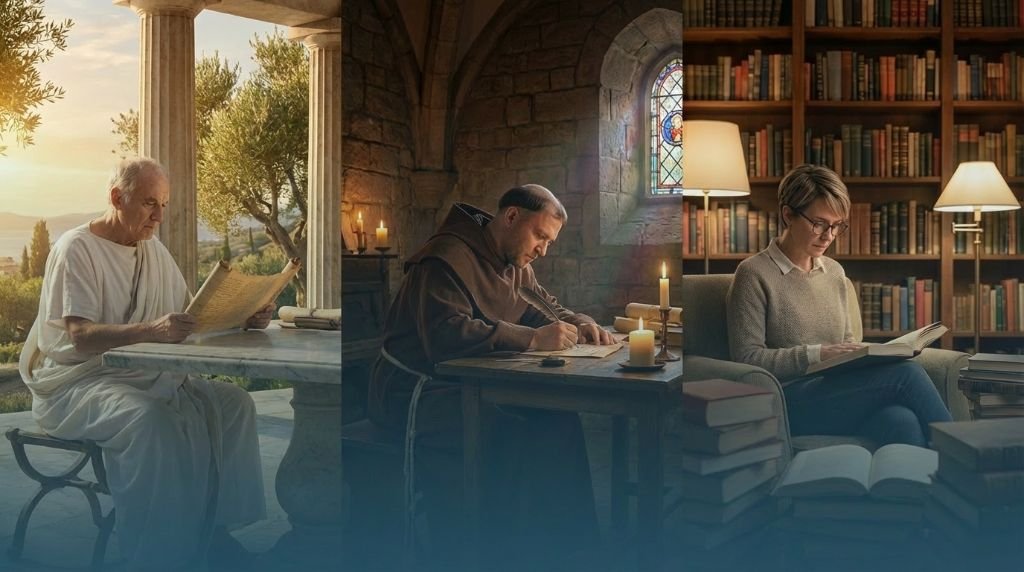 Tríptico com estudioso da Antiguidade, monge medieval e pesquisadora moderna, representando a origem da palavra amor