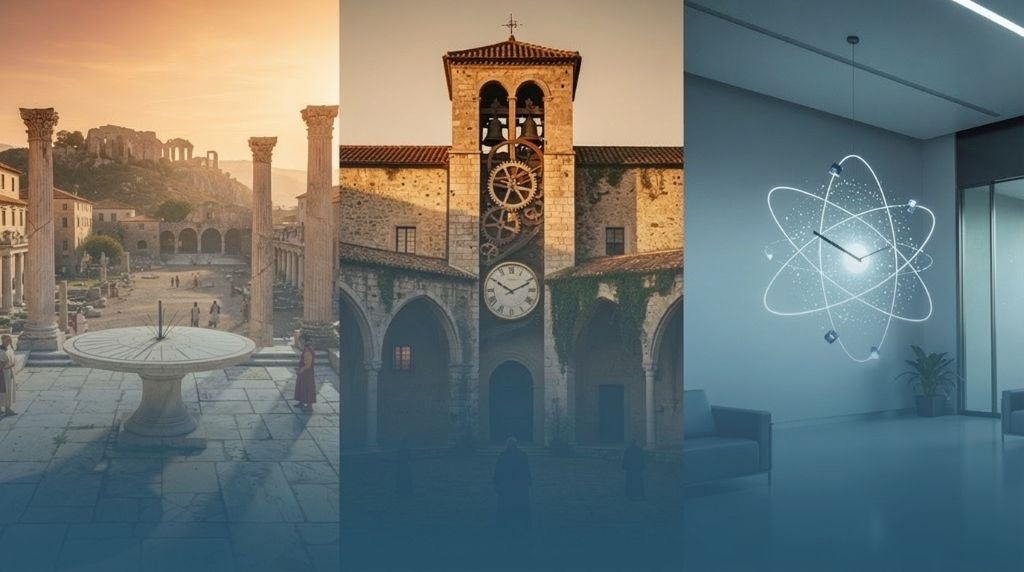 Tríptico com relógio de sol romano, torre de sino medieval e átomo moderno, representando a origem da palavra tempo
