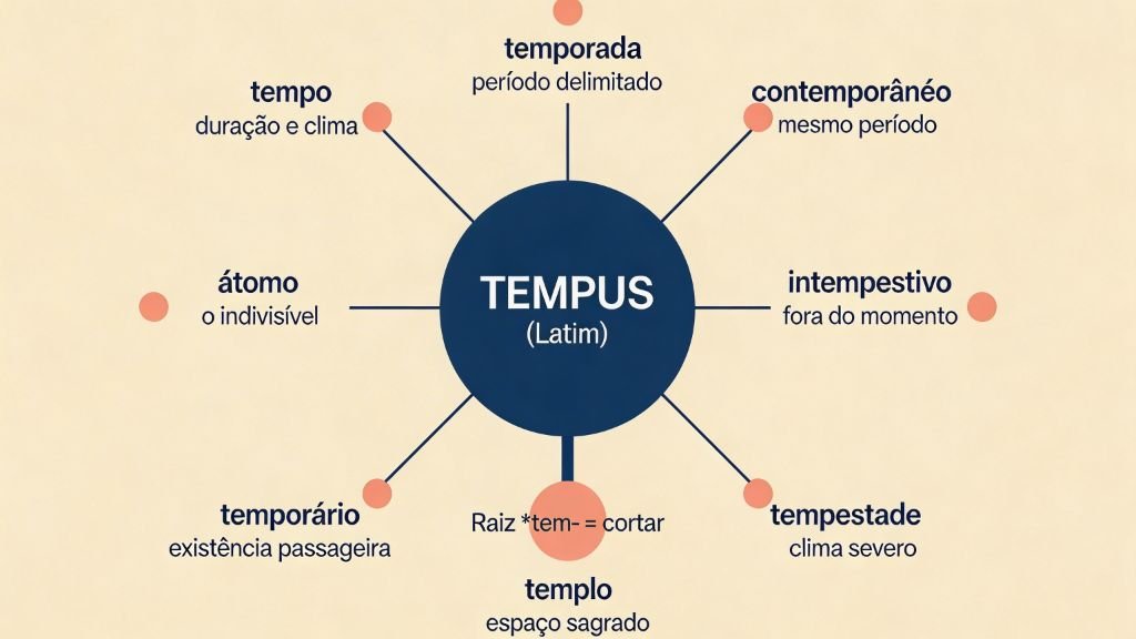 Diagrama da família etimológica de 'tempo' mostrando derivações de tempus: temporada, temporário, contemporâneo, intempestivo, tempestade, templo e átomo