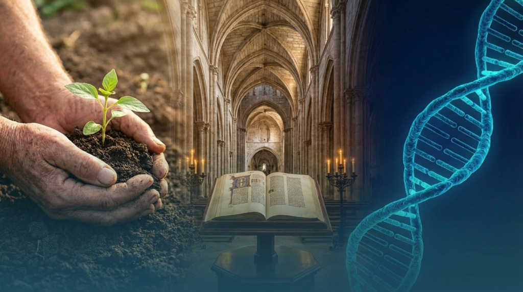 Tríptico com cena romana clássica, manuscrito medieval iluminado e laboratório científico moderno, representando a origem da palavra vida