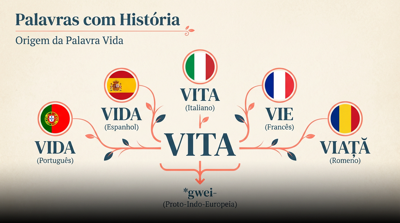 Infográfico mostrando vita no centro e formas românicas de vida em vários idiomas: vie (francês), vida (espanhol), vita (italiano), viaţă (romeno)