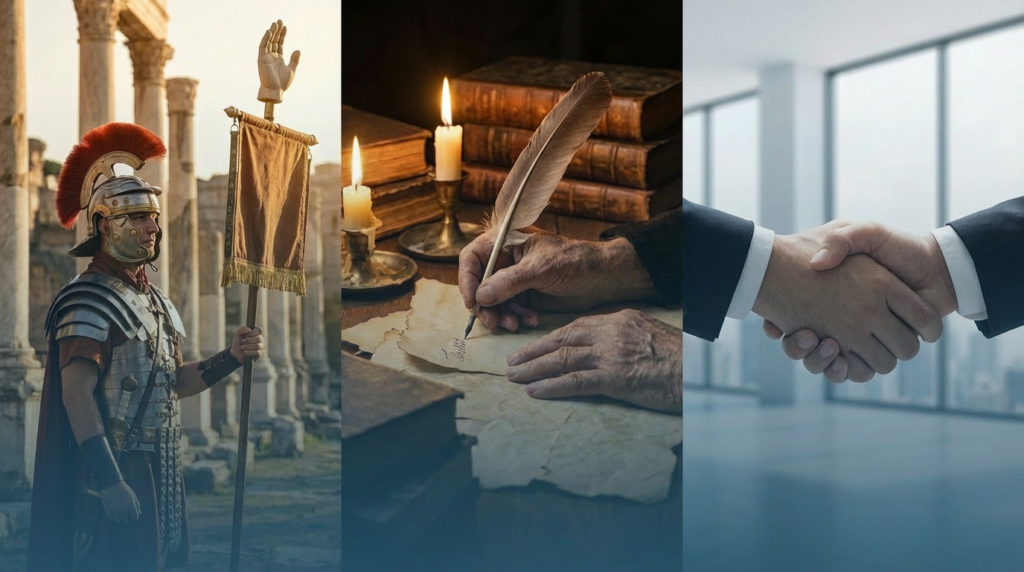 Tríptico com escultura romana de mão, manuscrito medieval iluminado e mão moderna escrevendo, representando a história etimológica da palavra mão