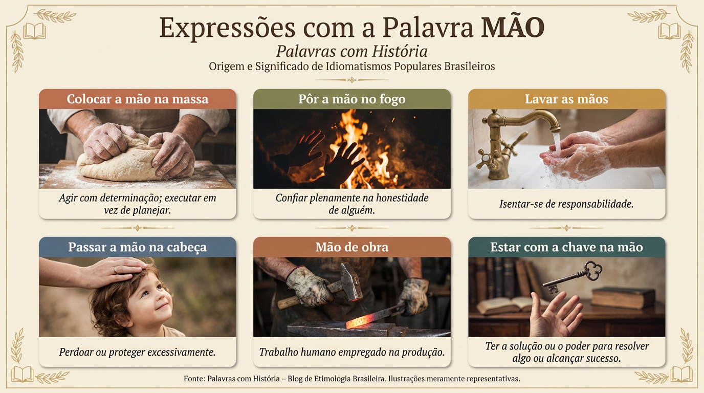 Infográfico com seis expressões idiomáticas com a palavra mão no português: colocar a mão na massa, pôr a mão no fogo, lavar as mãos, passar a mão na cabeça, mão de obra e lançar mão de